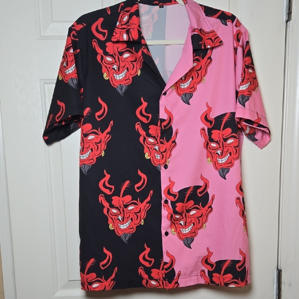 Hawaiian Devil Button Down Shirt Black & Pink Casual BOLD HARAJUKU STREETWEAR LG